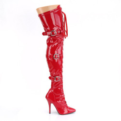 Pleaser SEDUCE-3028 Red Buckle Thigh High Boots