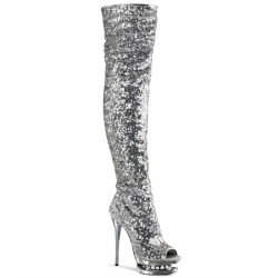Pleaser BLONDIE-3011 Silver Sequins Thigh High Boots
