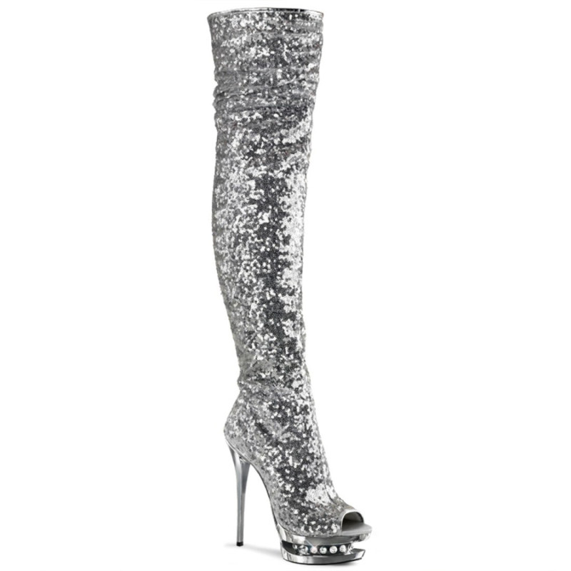 Pleaser BLONDIE-3011 Silver Sequins Thigh High Boots Pleaser BLONDIE-3011 Silver Sequins Thigh High Boots