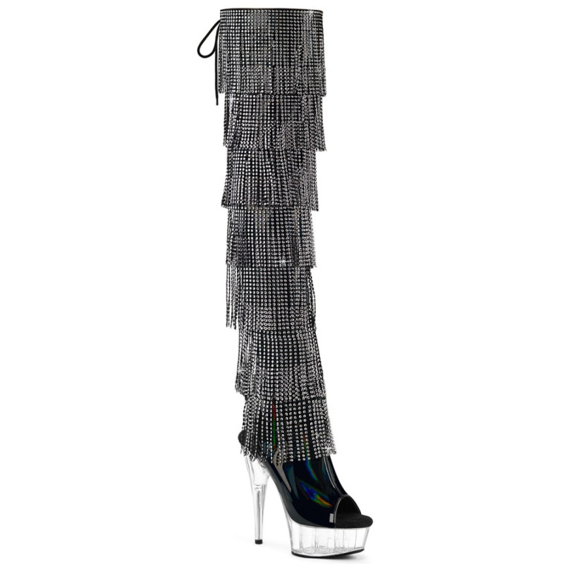 Pleaser DELIGHT-3017RSF Black Fringes Thigh High Boots