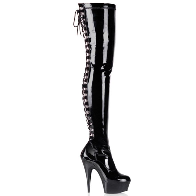 Pleaser DELIGHT-3063 Patent Laced Thigh High Boots