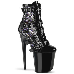 Pleaser FLAMINGO-1013RM Black Patent Strass Mesh Boots