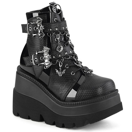 Demonia SHAKER-66 Black Vegan Platform Wedge Ankle Boots