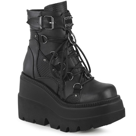Demonia SHAKER-60 Black Vegan Platform Wedge Ankle Boots