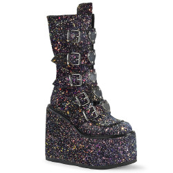 Demonia SWING-230G Black Glitter Platform Buckle Boots