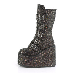 Demonia SWING-230G Black Glitter Platform Buckle Boots