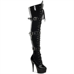Pleaser DELIGHT-3028 Patent Platform Overknee Buckle Boots