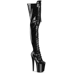 Pleaser FLAMINGO-3020GP Black Glitter Heeled Thigh Boots