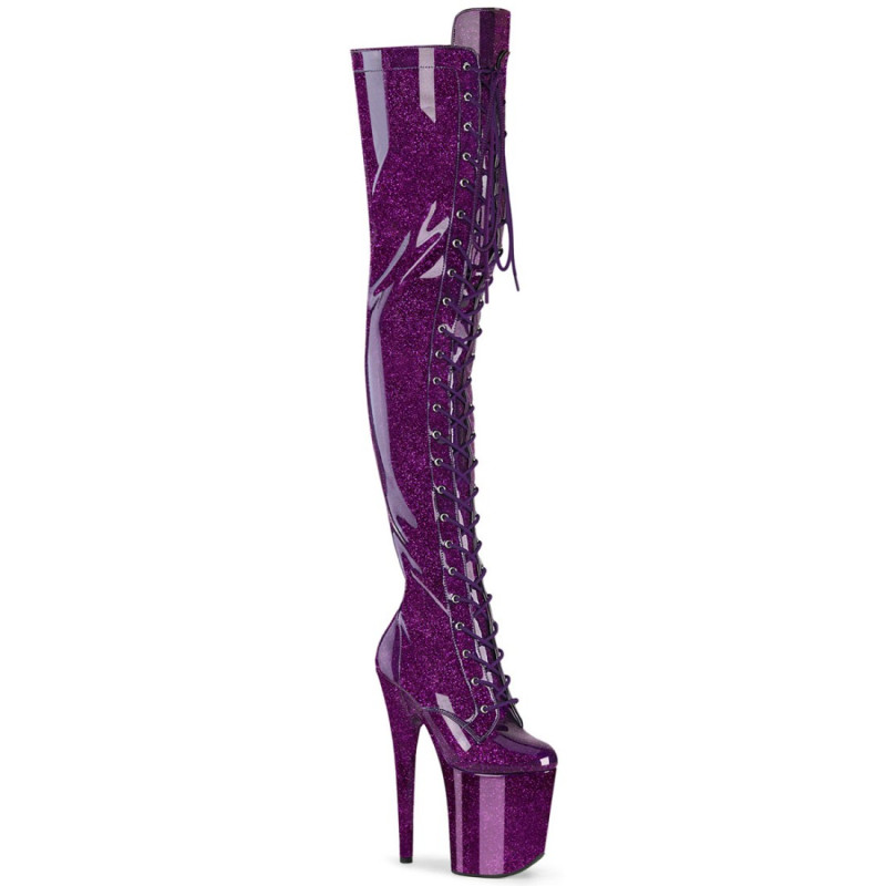 Pleaser FLAMINGO-3020GP Purple Glitter Heeled Thigh Boots Pleaser FLAMINGO-3020GP Purple Glitter Heeled Thigh Boots