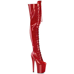 Pleaser FLAMINGO-3020GP Red Glitter Heeled Thigh Boots