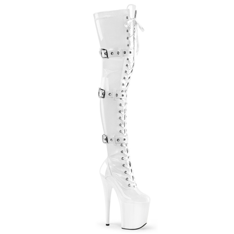 Pleaser FLAMINGO-3028 White Buckle Thigh High Boots Pleaser FLAMINGO-3028 White Buckle Thigh High Boots