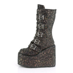Demonia SWING-230G Black Glitter Platform Buckle Boots