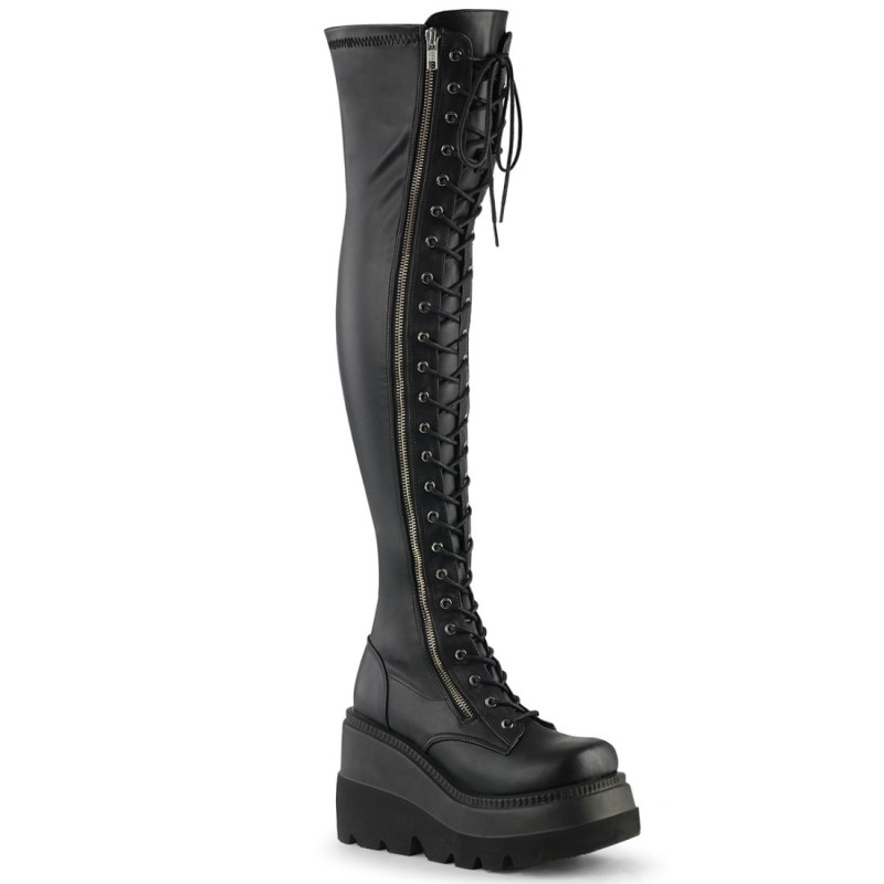 Demonia SHAKER-374 Black Platform Thigh High Wedge Boots