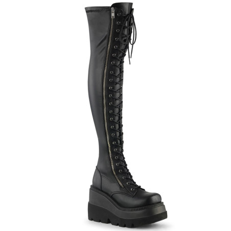 Demonia SHAKER-374 Black Platform Thigh High Wedge Boots