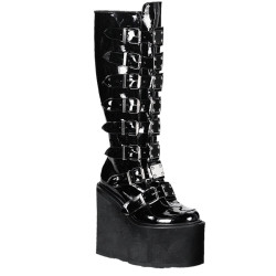 Demonia SWING-815 Black Patent Platform Knee High Boots