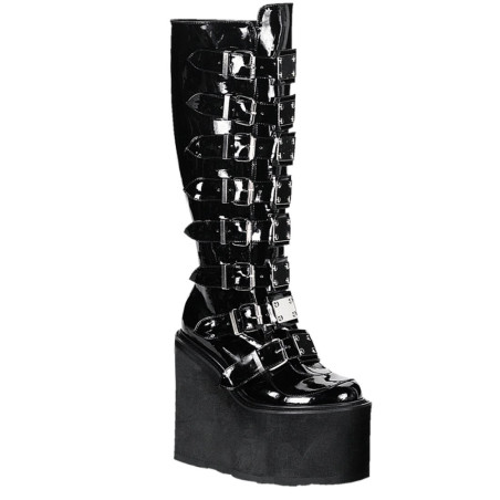 Demonia SWING-815 Black Patent Platform Knee High Boots