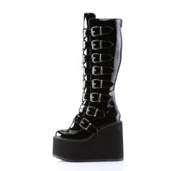 Demonia SWING-815 Black Patent Platform Knee High Boots