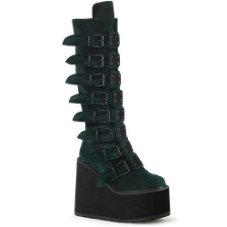 Demonia SWING-815 Emerald Velvet Platform Knee High Boots