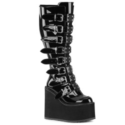 Demonia SWING-815WC Black Patent Platform Knee Boots