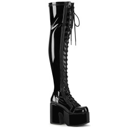 Demonia CAMEL-300 Black Patent Chunky Overknee Boots