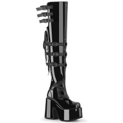 Demonia CAMEL-308 Black Patent Chunky Thigh High Boots