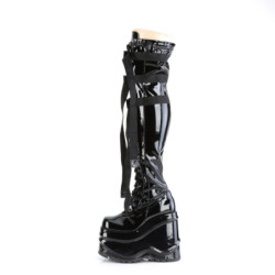 Demonia WAVE-315 Patent Platform Wedge Thigh High Boots