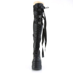 Demonia WAVE-315 Vegan Leather Wedge Thigh High Boots