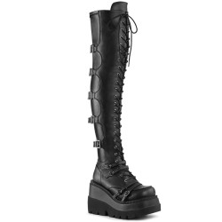 Demonia SHAKER-350 Platform Thigh High Wedge Boots