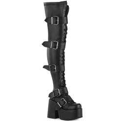 Demonia CAMEL-305 Black Vegan Chunky Thigh High Boots