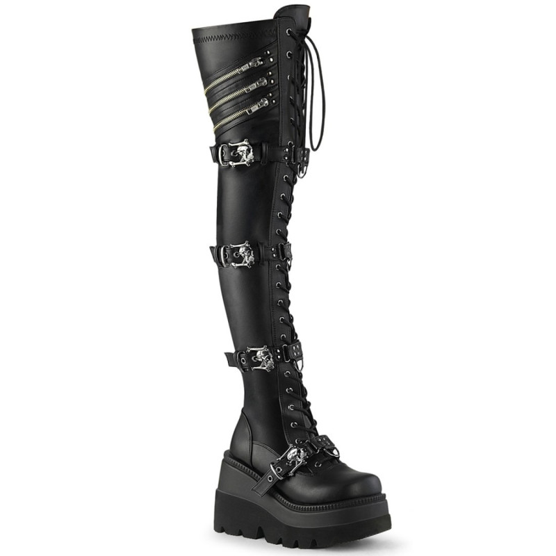 Demonia SHAKER-420 Black Platform Thigh High Wedge Boots