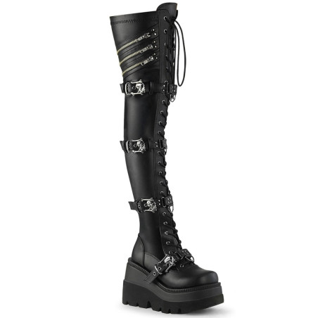 Demonia SHAKER-420 Black Platform Thigh High Wedge Boots