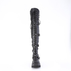 Demonia SHAKER-420 Black Platform Thigh High Wedge Boots