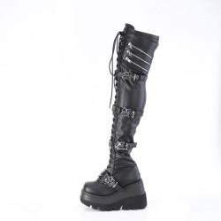 Demonia SHAKER-420 Black Platform Thigh High Wedge Boots