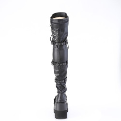 Demonia SHAKER-420 Black Platform Thigh High Wedge Boots