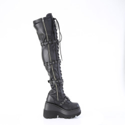 Demonia SHAKER-420 Black Platform Thigh High Wedge Boots