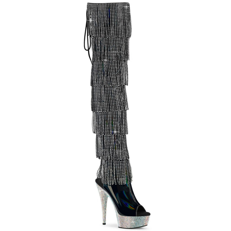 Pleaser BEJEWELED-3017HG-RSF Black Fringe Thigh Boots Pleaser BEJEWELED-3017HG-RSF Black Fringe Thigh Boots