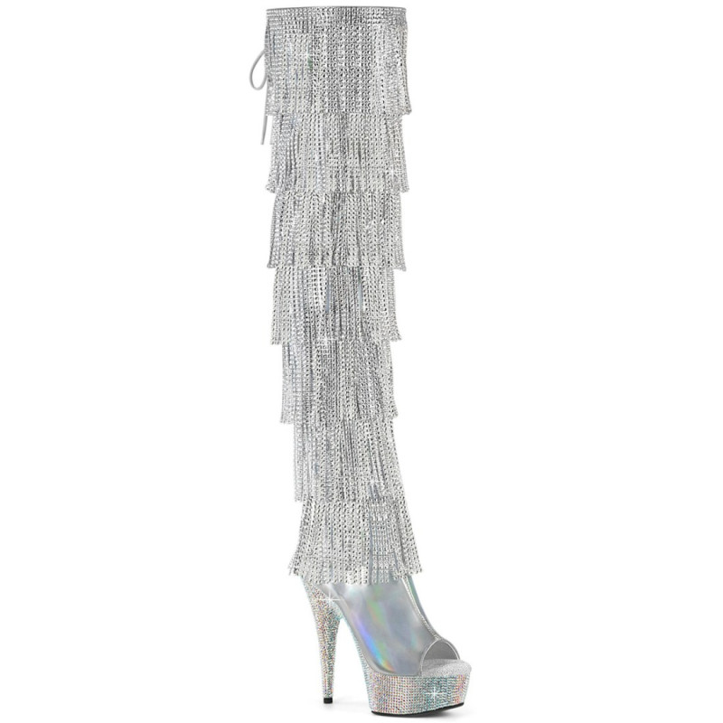 Pleaser BEJEWELED-3017HG-RSF Silver Fringe Thigh Boots Pleaser BEJEWELED-3017HG-RSF Silver Fringe Thigh Boots