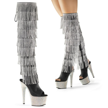 Pleaser BEJEWELED-3019RSF-7 Black Fringes Overknee Boots