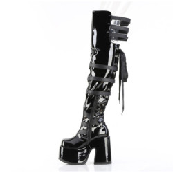 Demonia CAMEL-308 Black Patent Chunky Thigh High Boots
