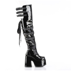 Demonia CAMEL-308 Black Patent Chunky Thigh High Boots