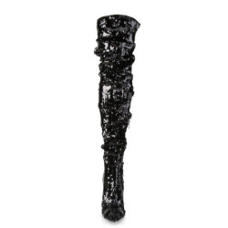 Pleaser COURTLY-3011 Black Sequins Thigh High Boots