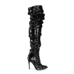 Pleaser COURTLY-3011 Black Sequins Thigh High Boots
