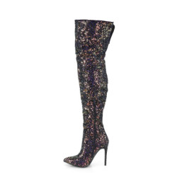 Pleaser COURTLY-3015 Black Glitter Stiletto Thigh Boots