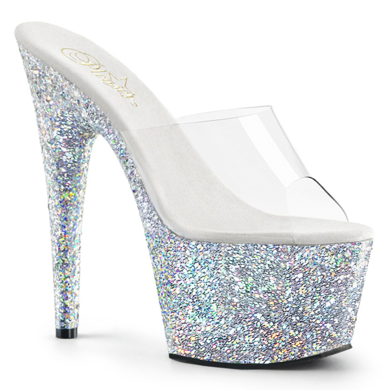Pleaser ADORE-701LG Transparent Silver Glitter Mules Pleaser ADORE-701LG Transparent Silver Glitter Mules