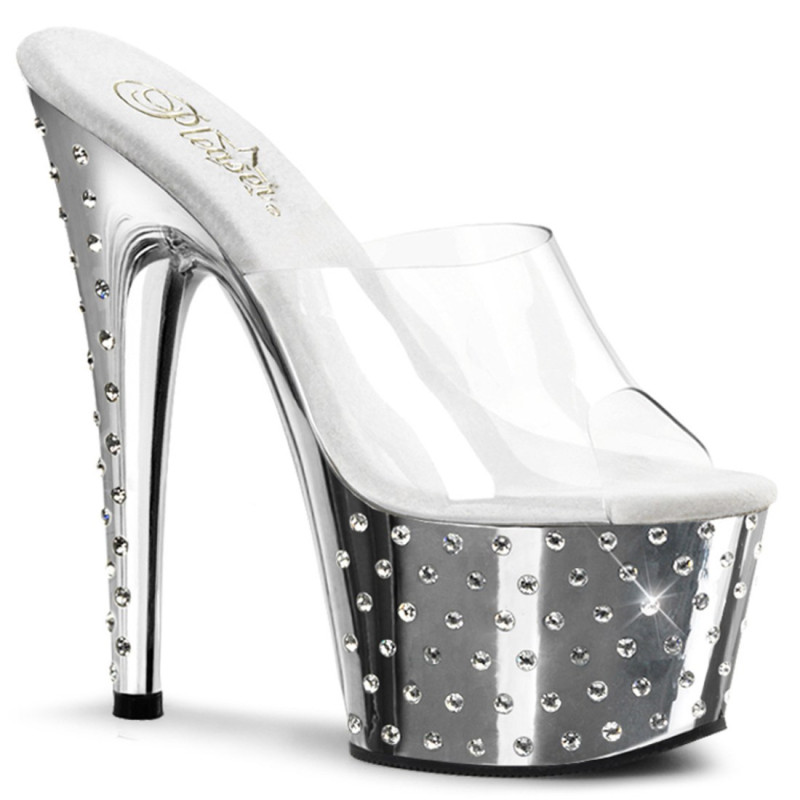 Pleaser STARDUST-701 Chrome Strass Platform Heeled Mules