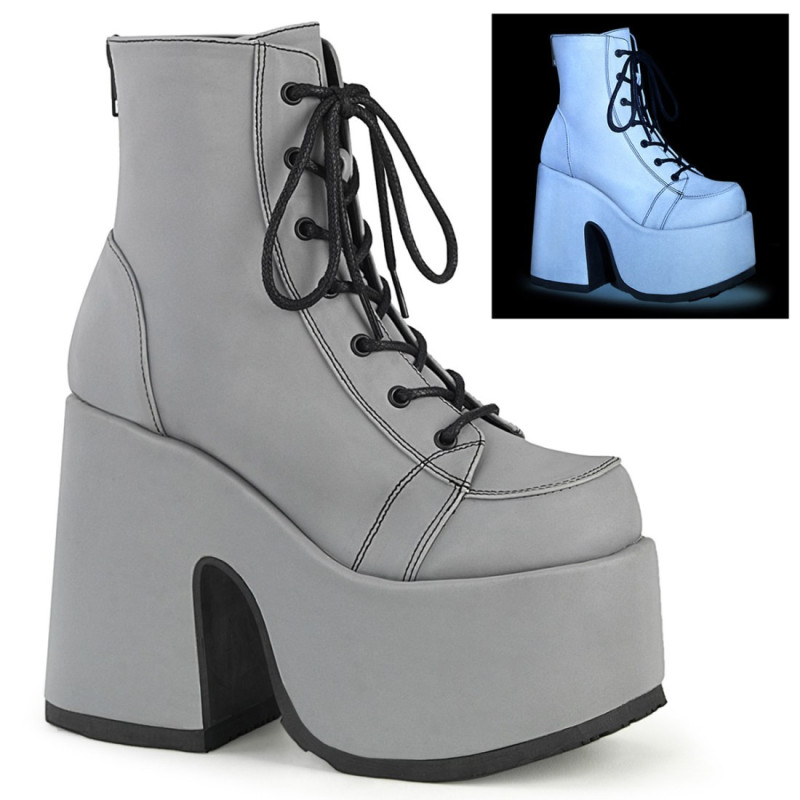 Demonia CAMEL-203 Grey Reflective Chunky Platform Boots