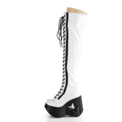 Demonia DYNAMITE-300 White Thigh High Wedge Boots