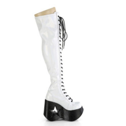 Demonia DYNAMITE-300 White Thigh High Wedge Boots