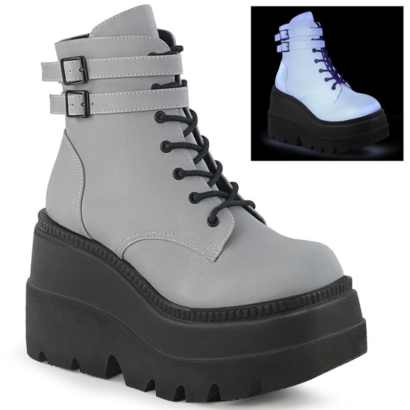 Demonia SHAKER-52 Grey Reflective Platform Wedge Ankle Boots Demonia SHAKER-52 Grey Reflective Platform Wedge Ankle Boots