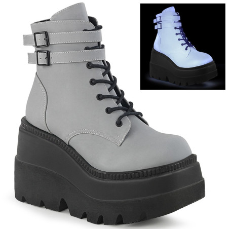 Demonia SHAKER-52 Grey Reflective Platform Wedge Ankle Boots